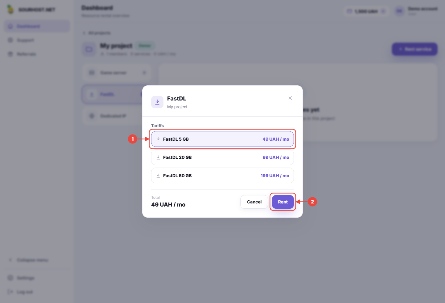 FastDL rent dialog