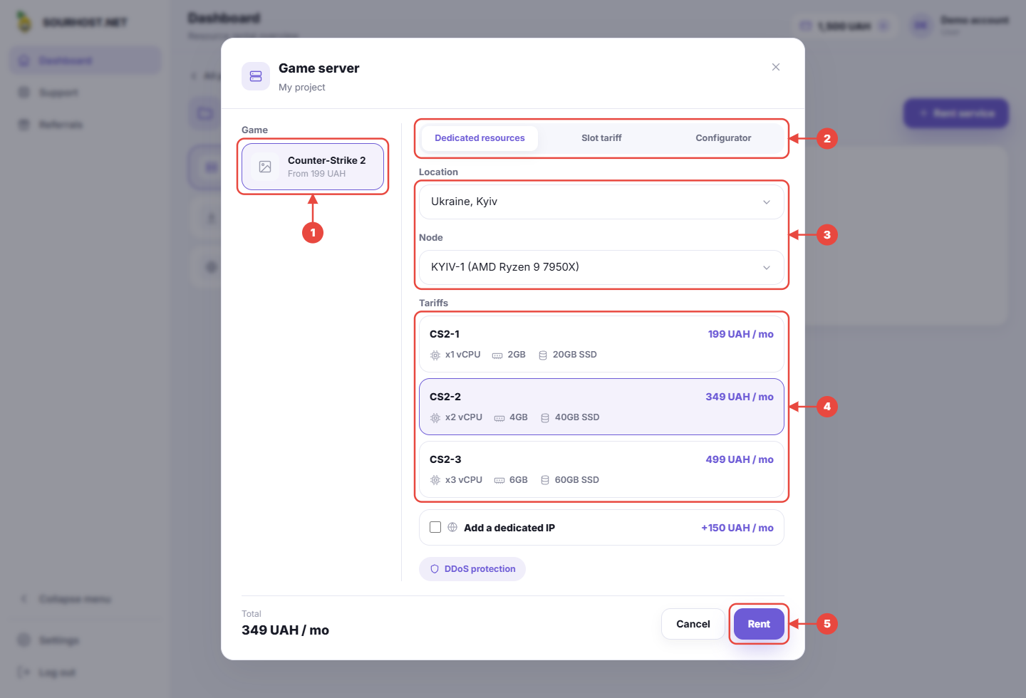 Game-server rent dialog