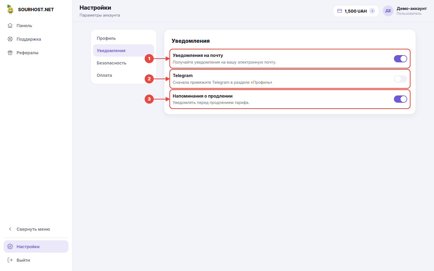 Вкладка «Уведомления»